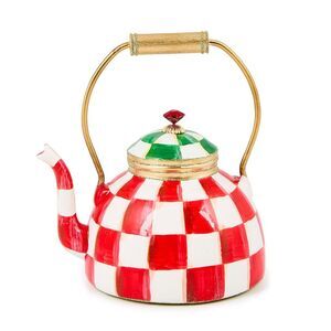 MACKENZIE CHILDS CHECK IT OUT HOLIDAY TEA KETTLE GLASS ORNAMENT- NEW IN BOX